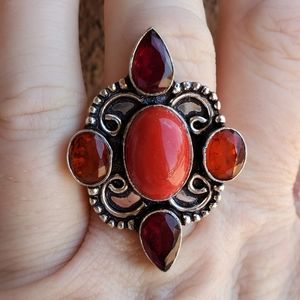 New Coral & Garnet 925 Silver Ring.